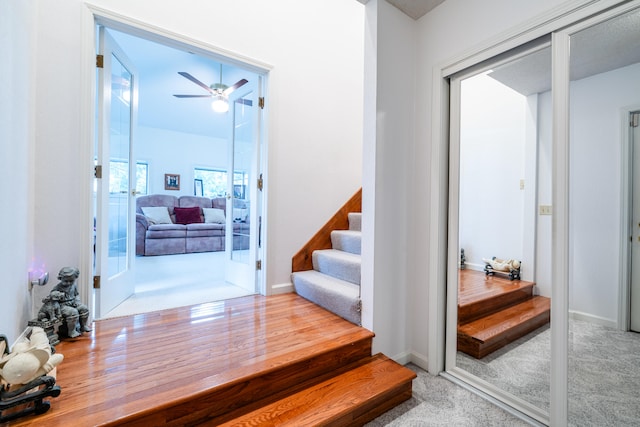 stairs featuring carpet flooring and ceiling fan