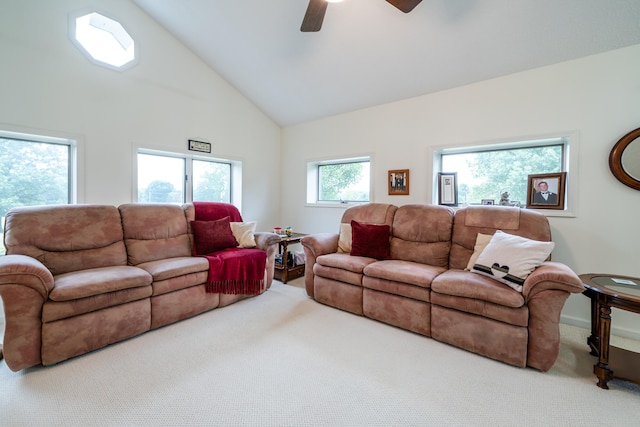 living room featuring carpet floors, ceiling fan, and high vaulted ceiling