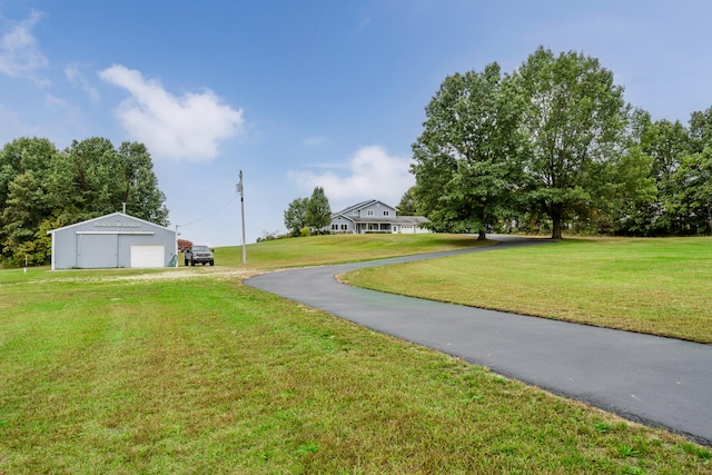 surrounding community with an outdoor structure and a lawn