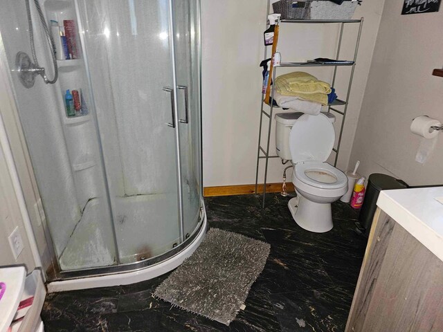 bathroom featuring vanity, toilet, and an enclosed shower