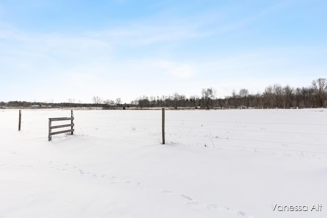 yard layered in snow with a rural view