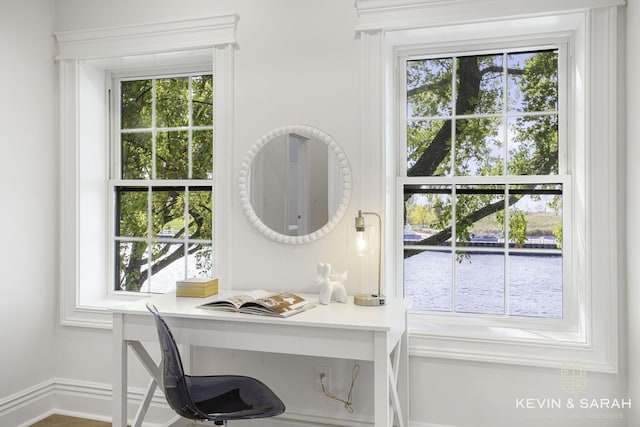 office with a wealth of natural light, a water view, and built in desk