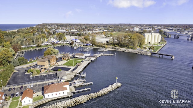 drone / aerial view with a water view