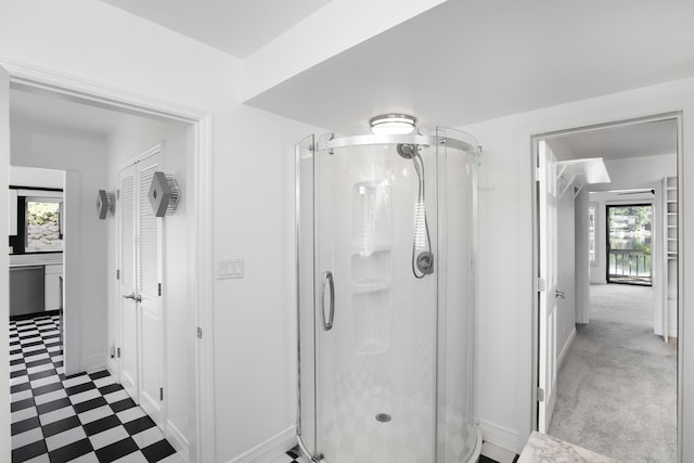 bathroom featuring a shower with shower door