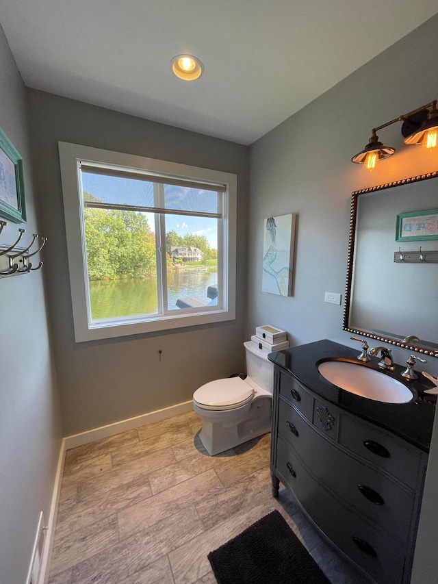 bathroom with wood-type flooring, vanity, and toilet