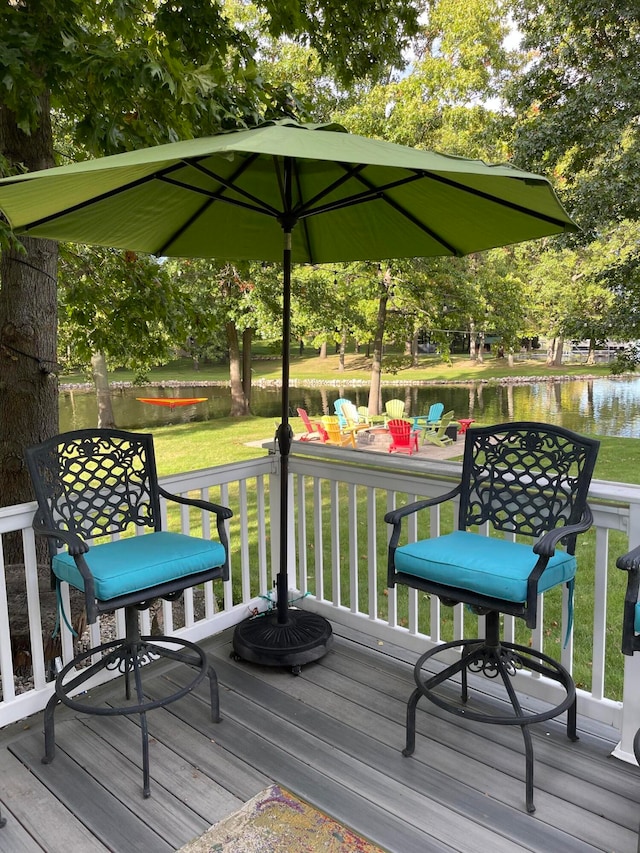 wooden deck featuring a water view and a yard