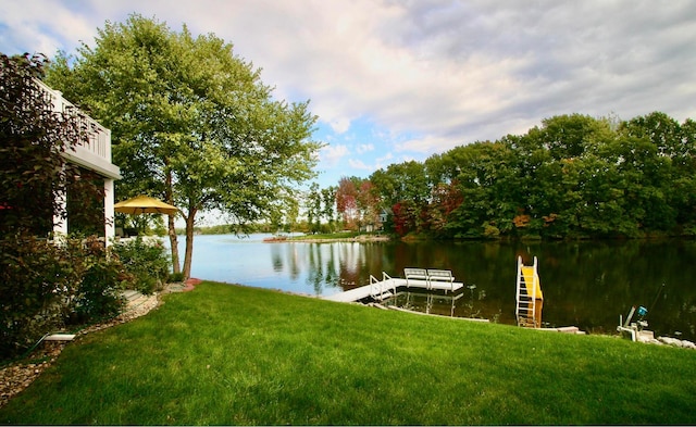 dock area featuring a water view and a yard