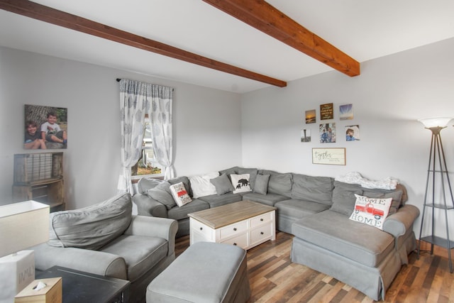 living room with beamed ceiling and dark hardwood / wood-style flooring