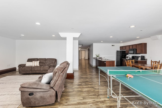 rec room featuring dark wood-type flooring and sink