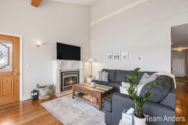 living room featuring a high ceiling and hardwood / wood-style flooring