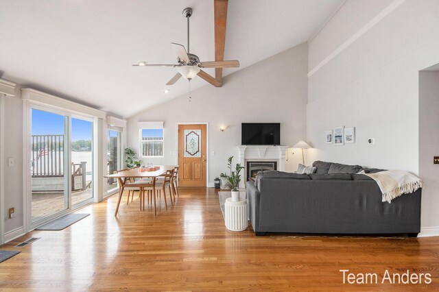 living room with high vaulted ceiling, light hardwood / wood-style flooring, and ceiling fan