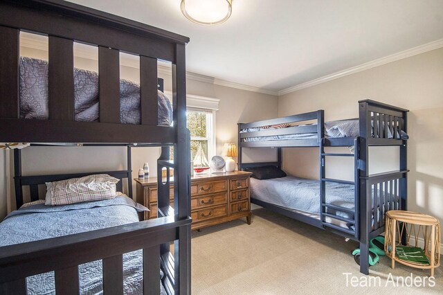 carpeted bedroom featuring crown molding