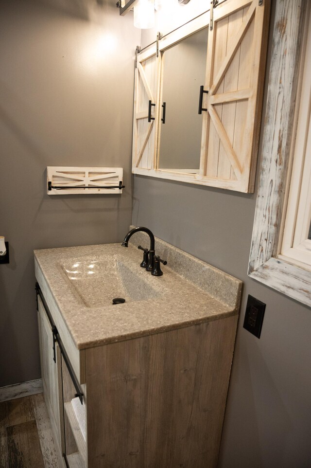 bathroom with hardwood / wood-style floors and vanity