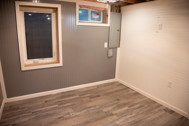 basement featuring wood-type flooring and electric panel