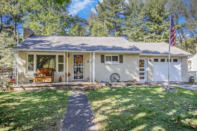 ranch-style house with a porch, a front yard, and a garage