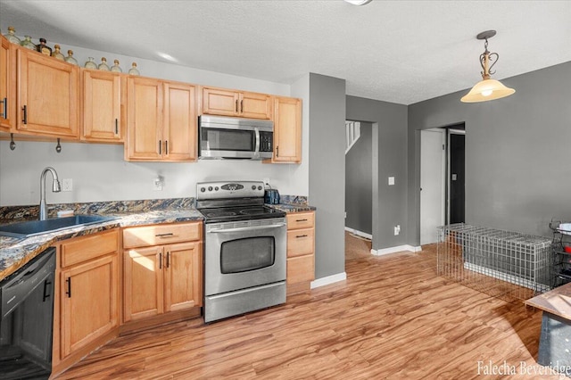 kitchen with light wood-type flooring, pendant lighting, sink, and stainless steel appliances