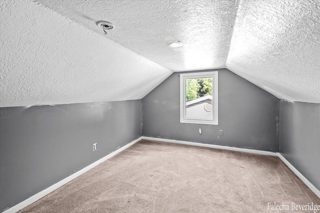 additional living space featuring a textured ceiling, lofted ceiling, and carpet