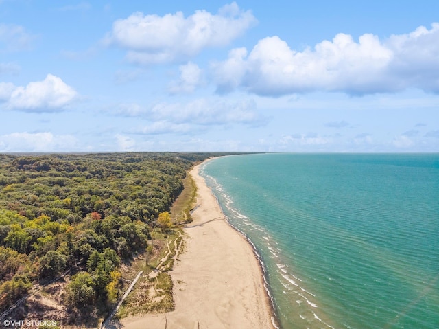 drone / aerial view with a water view and a beach view