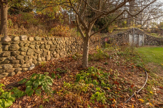 view of yard featuring a storage shed