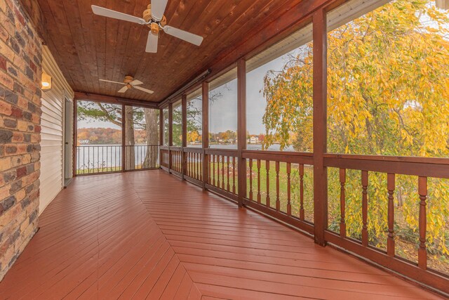 unfurnished sunroom featuring wooden ceiling, a water view, and ceiling fan