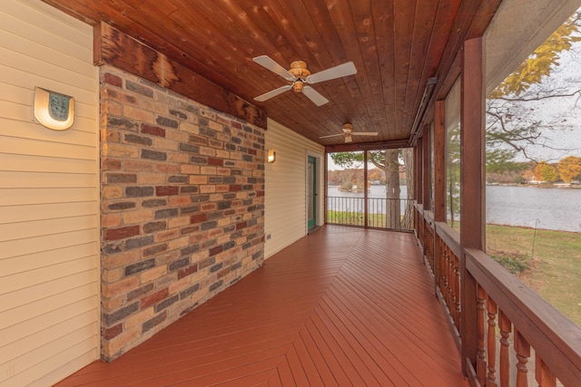 unfurnished sunroom with wooden ceiling, a water view, and ceiling fan