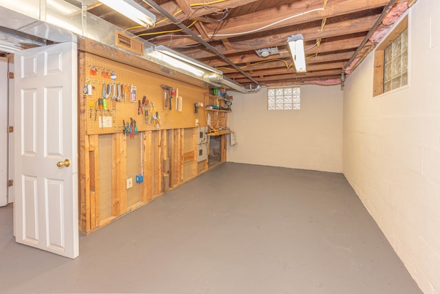 basement with a workshop area