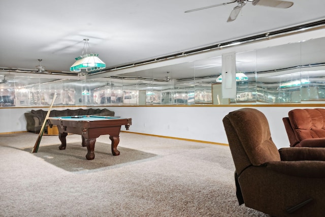 game room with ceiling fan, billiards, and carpet