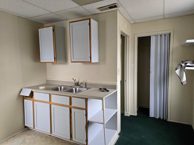 kitchen with a paneled ceiling, sink, and white cabinetry