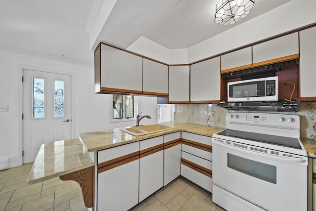 kitchen featuring white cabinets, sink, kitchen peninsula, backsplash, and white range with electric stovetop