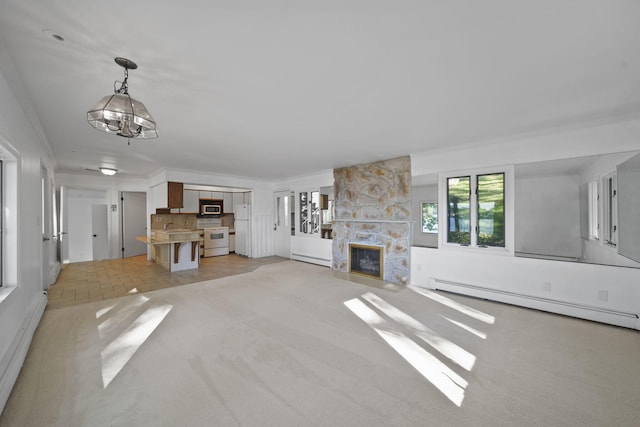 unfurnished living room featuring crown molding, light colored carpet, an inviting chandelier, and a baseboard radiator