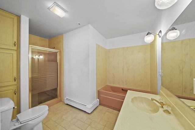 full bathroom with a baseboard radiator, plus walk in shower, sink, and toilet