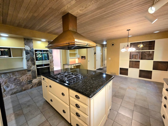 kitchen with black appliances, wood ceiling, premium range hood, and an inviting chandelier