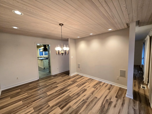 unfurnished dining area featuring hardwood / wood-style floors, a notable chandelier, and wooden ceiling