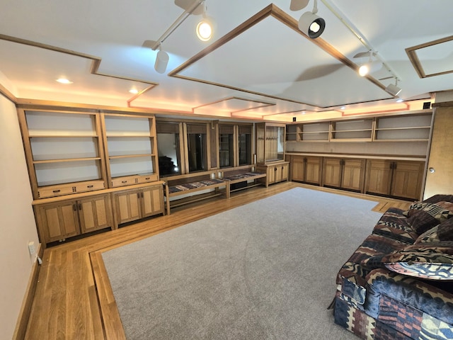 living room featuring hardwood / wood-style floors and track lighting