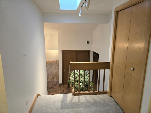 corridor featuring a skylight, hardwood / wood-style floors, and rail lighting