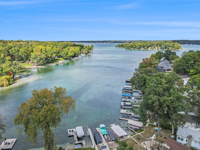 drone / aerial view with a water view