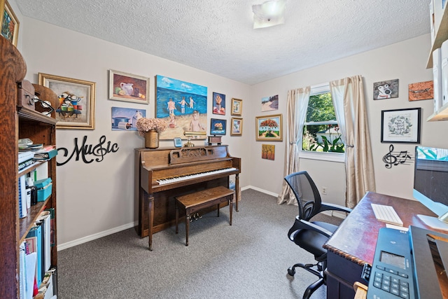 carpeted office with a textured ceiling