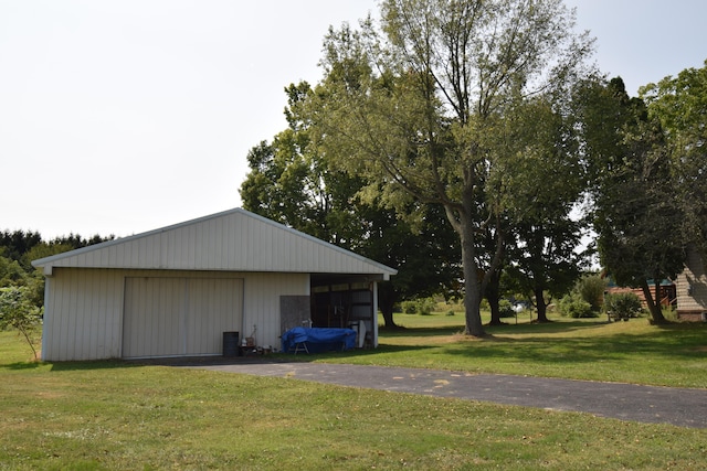 view of outbuilding featuring a lawn