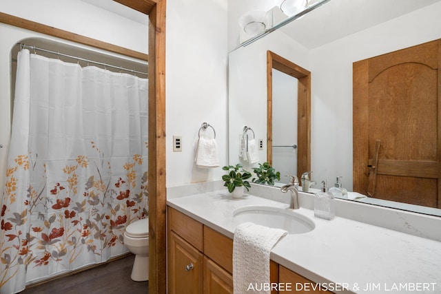 bathroom with vanity, hardwood / wood-style floors, and toilet