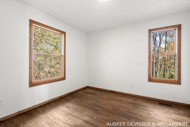 empty room with dark hardwood / wood-style flooring and plenty of natural light