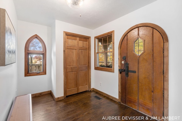 entryway featuring dark wood-type flooring and a textured ceiling