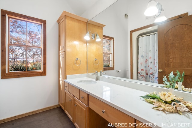 bathroom with vanity, vaulted ceiling, hardwood / wood-style flooring, and toilet