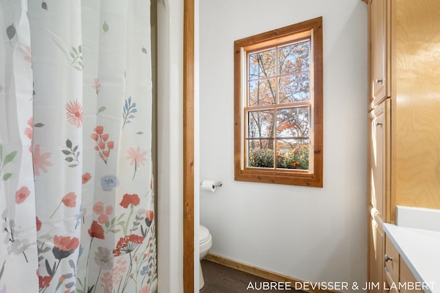 bathroom featuring vanity, toilet, hardwood / wood-style flooring, and a shower with shower curtain