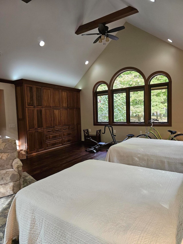 bedroom featuring ceiling fan, lofted ceiling with beams, and dark wood-type flooring