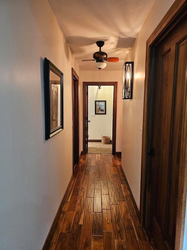 hall with a textured ceiling and dark hardwood / wood-style flooring