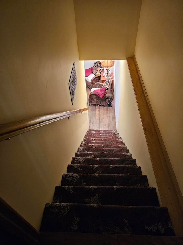 stairway with hardwood / wood-style flooring