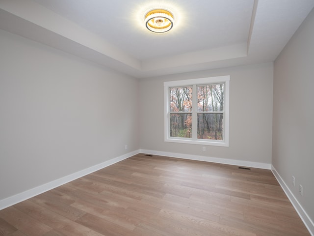 empty room with a tray ceiling and light hardwood / wood-style flooring