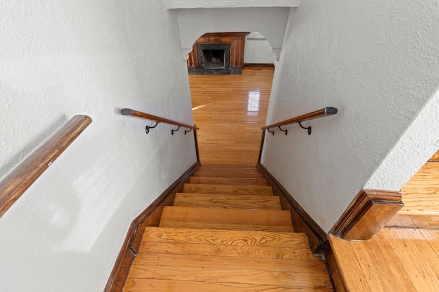 stairway with hardwood / wood-style floors