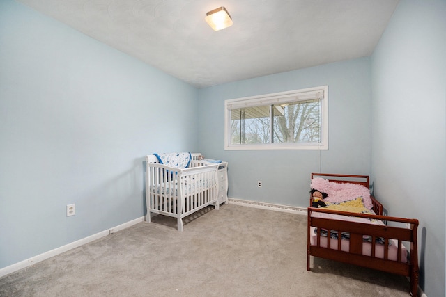 bedroom with light colored carpet