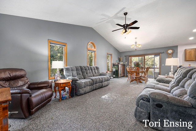 carpeted living room with lofted ceiling and ceiling fan